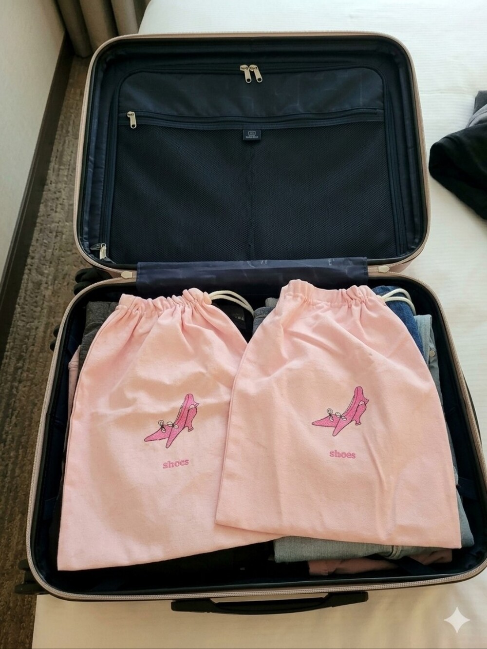Pink Embroidered & Lined Drawstring Shoe Bags